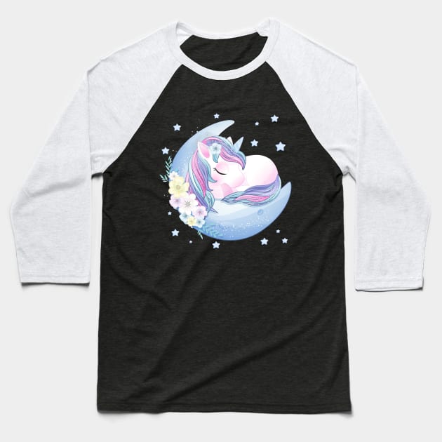 hand drawn cute unicorn sleeping moon Baseball T-Shirt by Tshirt lover 1